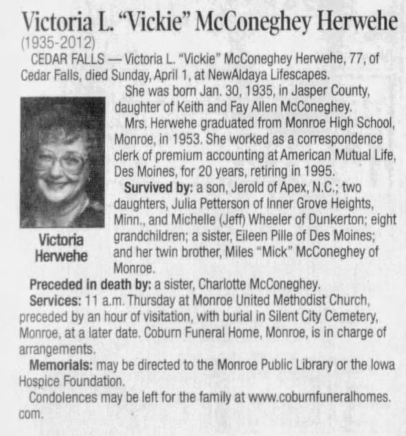 Herwehe, Victoria L. "Vickie" Obit. 04 Apr 2012 The Courier (Waterloo, Iowa) p10